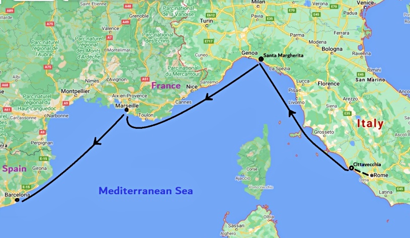 Rome to Marseille map showing route of our cruise